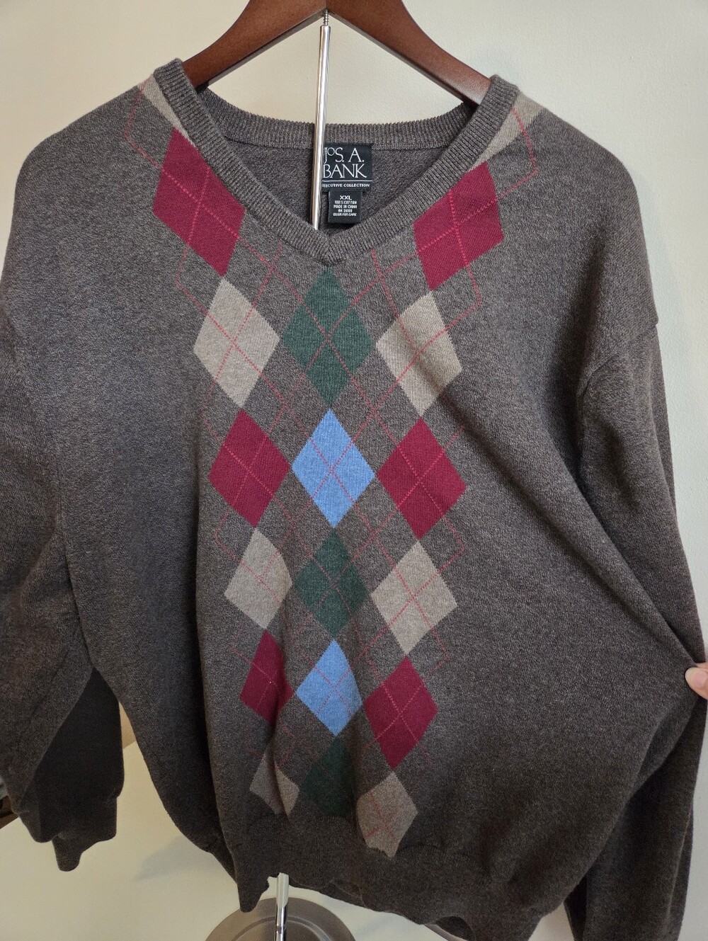 Jos. A. Bank Charcoal V-Neck Argyle Sweater with Red and Blue Accents